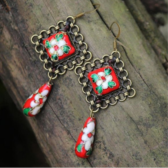 NEW Nepal Handmade Cloisonne Dangle Earrings - Picture 5 of 9
